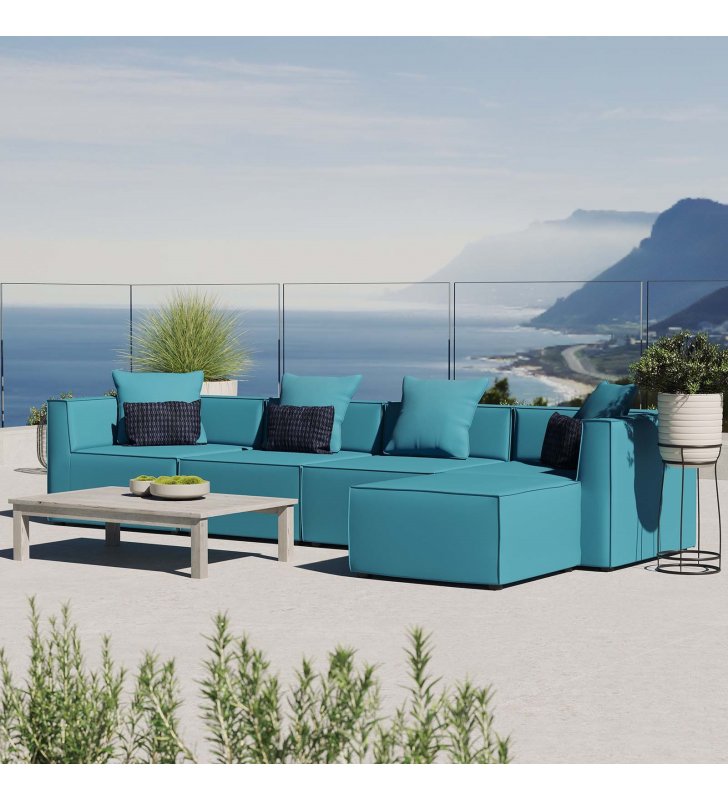 Saybrook Outdoor Patio Upholstered 5-Piece Sectional Sofa in Turquoise - Lexmod