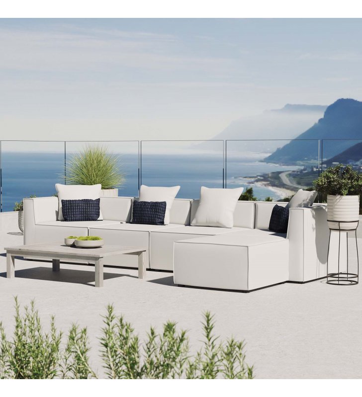 Saybrook Outdoor Patio Upholstered 5-Piece Sectional Sofa in White - Lexmod