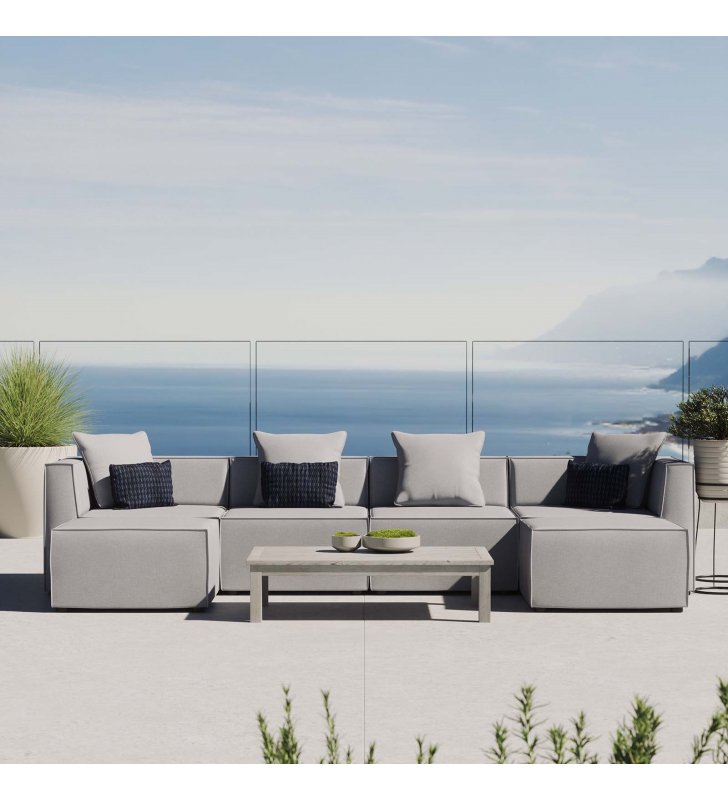Saybrook Outdoor Patio Upholstered 6-Piece Sectional Sofa in Gray - Lexmod