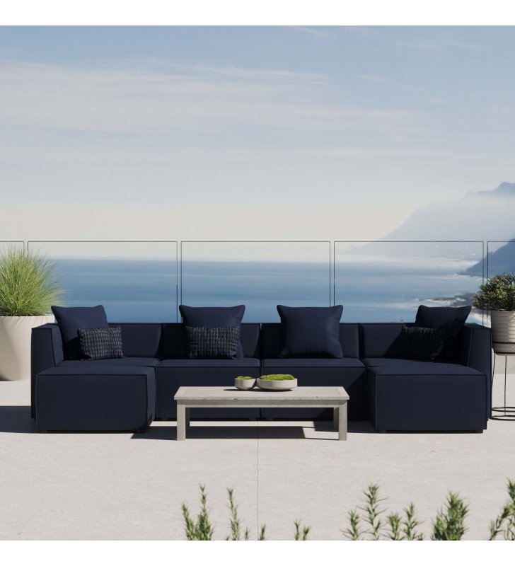 Saybrook Outdoor Patio Upholstered 6-Piece Sectional Sofa in Navy - Lexmod