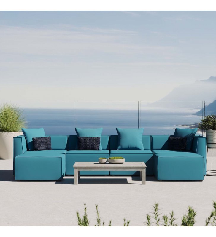 Saybrook Outdoor Patio Upholstered 6-Piece Sectional Sofa in Turquoise - Lexmod