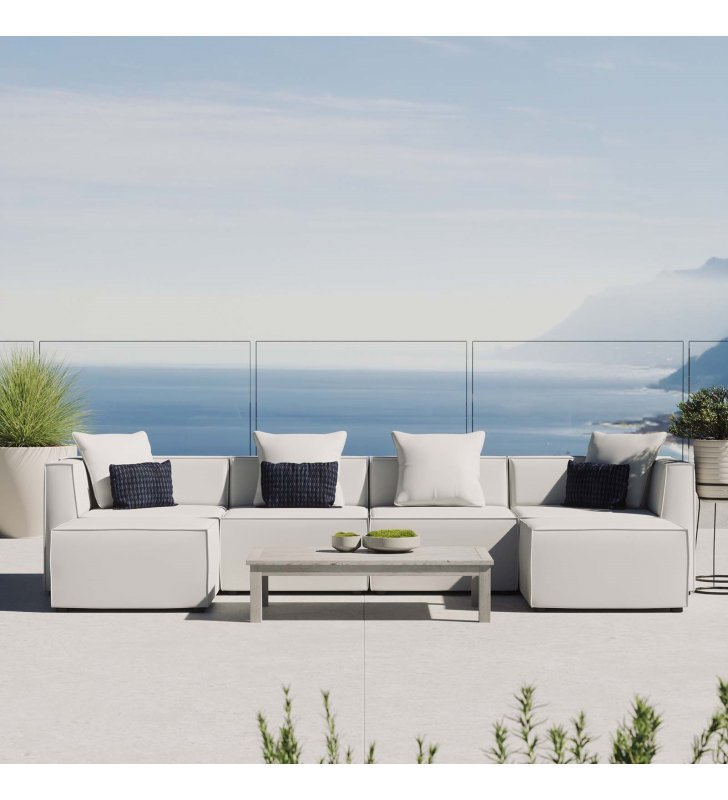 Saybrook Outdoor Patio Upholstered 6-Piece Sectional Sofa in White - Lexmod