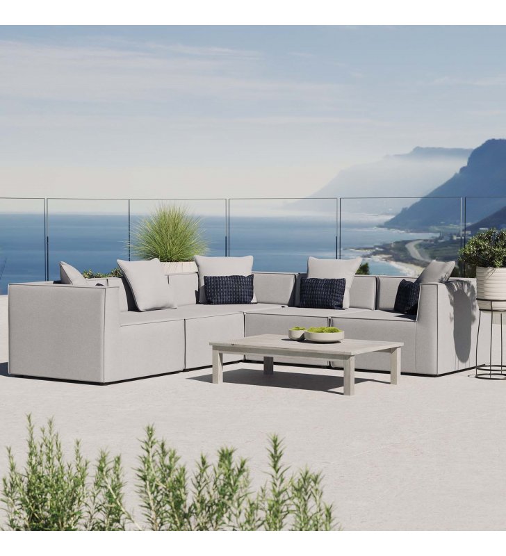 Saybrook Outdoor Patio Upholstered 5-Piece Sectional Sofa in Gray - Lexmod