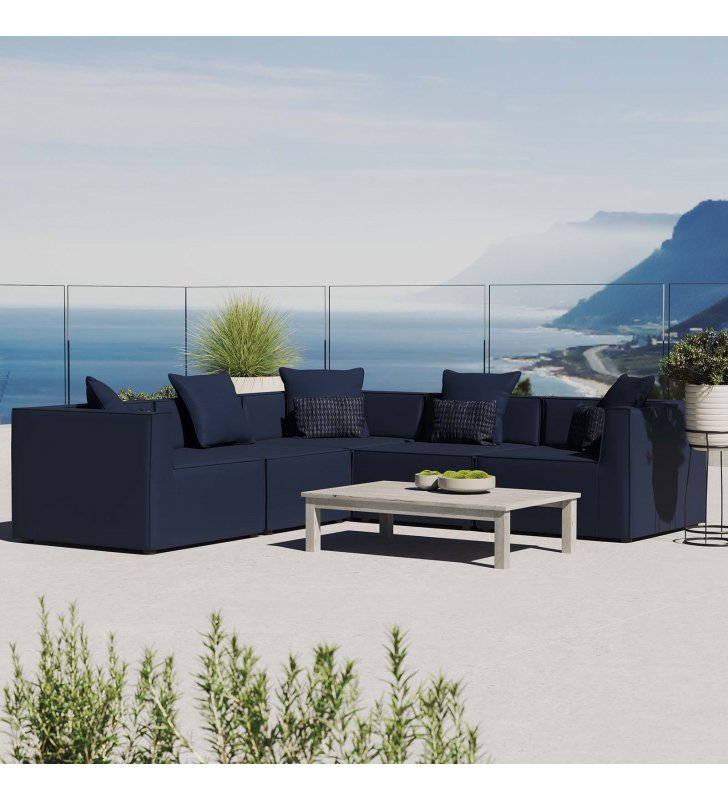 Saybrook Outdoor Patio Upholstered 5-Piece Sectional Sofa in Navy - Lexmod