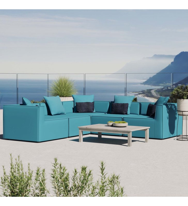 Saybrook Outdoor Patio Upholstered 5-Piece Sectional Sofa in Turquoise - Lexmod