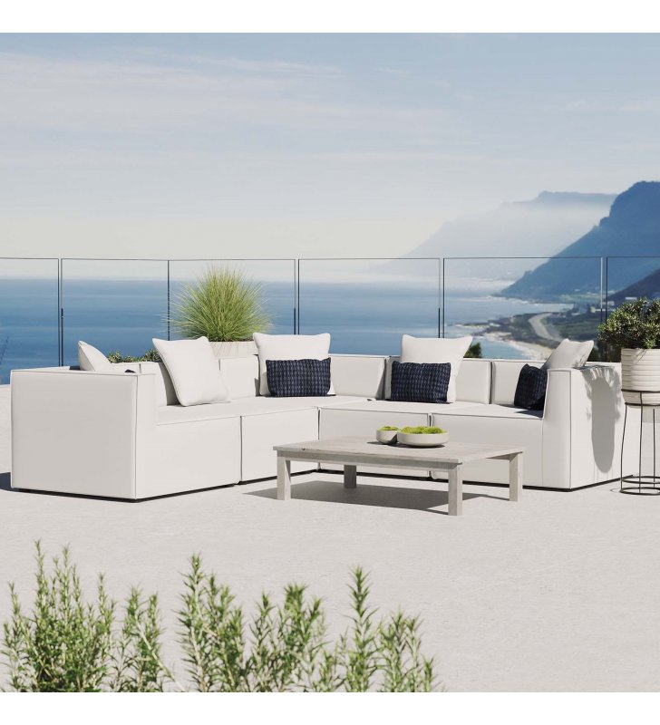 Saybrook Outdoor Patio Upholstered 5-Piece Sectional Sofa in White - Lexmod
