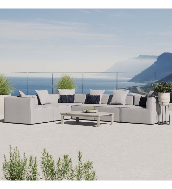 Saybrook Outdoor Patio Upholstered 6-Piece Sectional Sofa in Gray - Lexmod