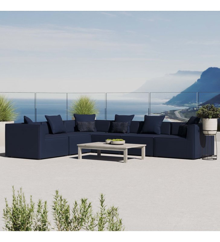 Saybrook Outdoor Patio Upholstered 6-Piece Sectional Sofa in Navy - Lexmod