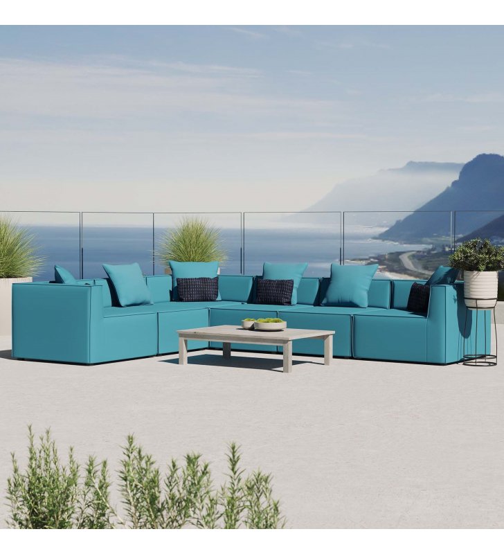 Saybrook Outdoor Patio Upholstered 6-Piece Sectional Sofa in Turquoise - Lexmod