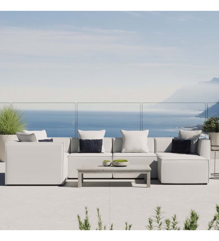 Saybrook Outdoor Patio Upholstered 6-Piece Sectional Sofa in White - Lexmod
