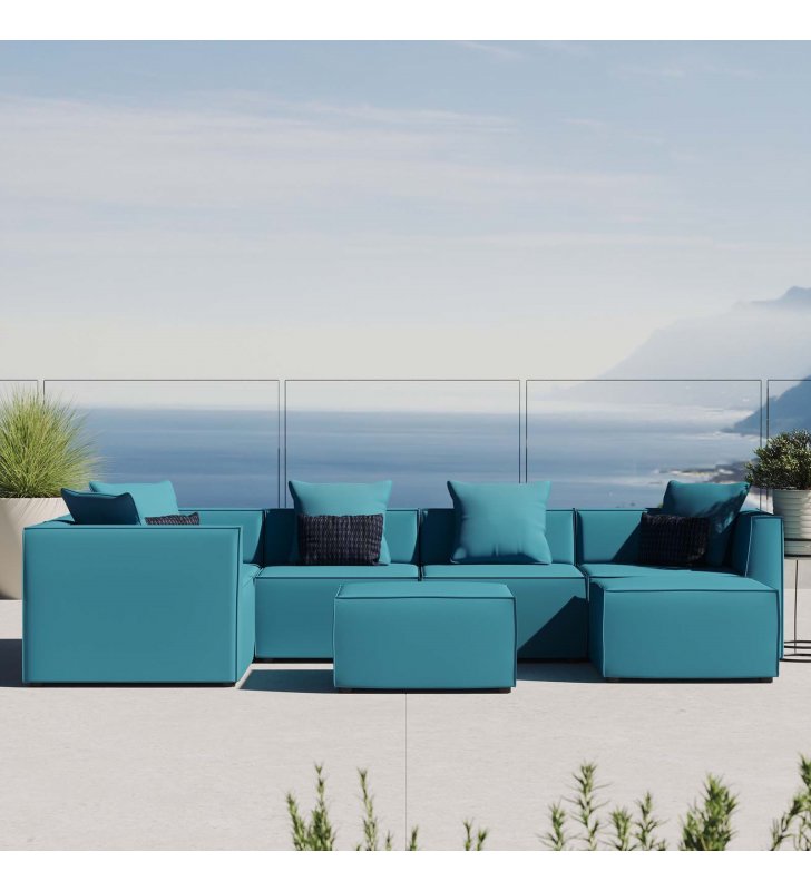 Saybrook Outdoor Patio Upholstered 7-Piece Sectional Sofa in Turquoise - Lexmod