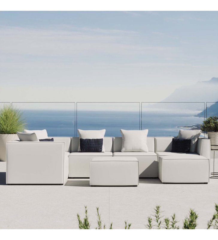 Saybrook Outdoor Patio Upholstered 7-Piece Sectional Sofa in White - Lexmod