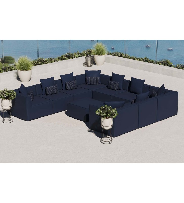 Saybrook Outdoor Patio Upholstered 10-Piece Sectional Sofa in Navy - Lexmod