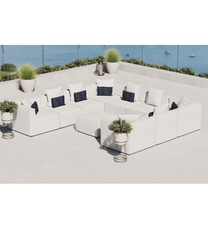 Saybrook Outdoor Patio Upholstered 10-Piece Sectional Sofa in White - Lexmod