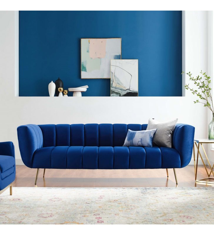 Favour Channel Tufted Performance Velvet Sofa in Navy - Lexmod