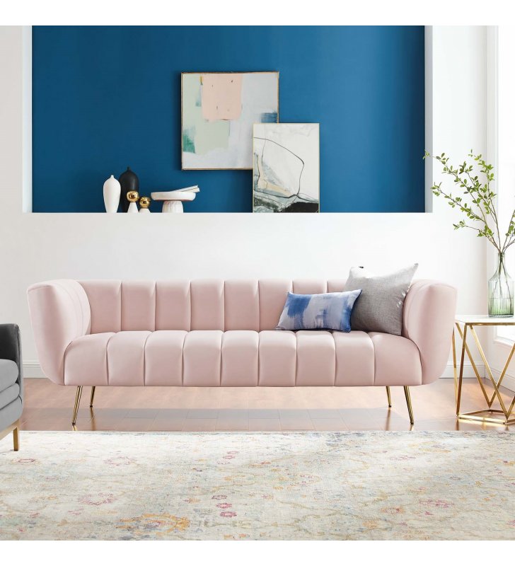 Favour Channel Tufted Performance Velvet Sofa in Pink - Lexmod