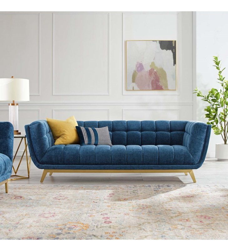 Bestow Crushed Performance Velvet Sofa in Navy - Lexmod