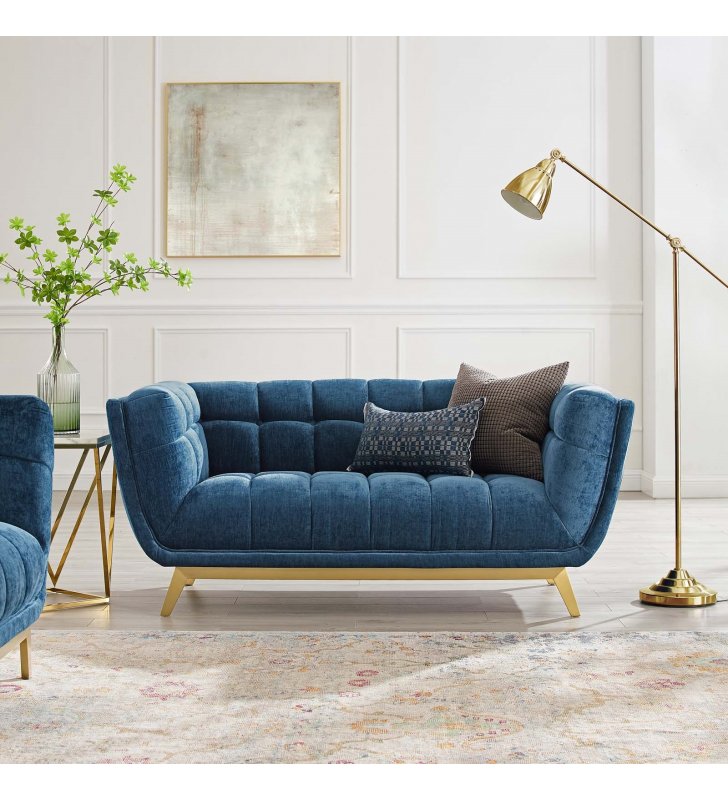 Bestow Crushed Performance Velvet Loveseat in Navy - Lexmod