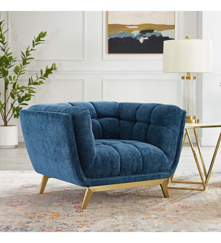 Bestow Crushed Performance Velvet Armchair in Navy - Lexmod