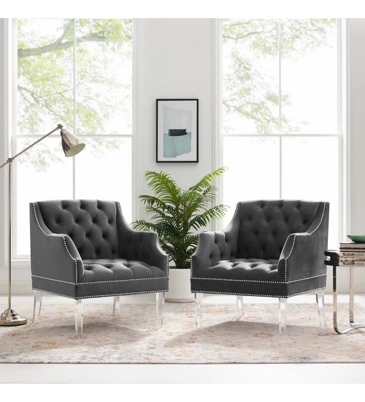 Proverbial Armchair Performance Velvet Set of 2 in Gray - Lexmod