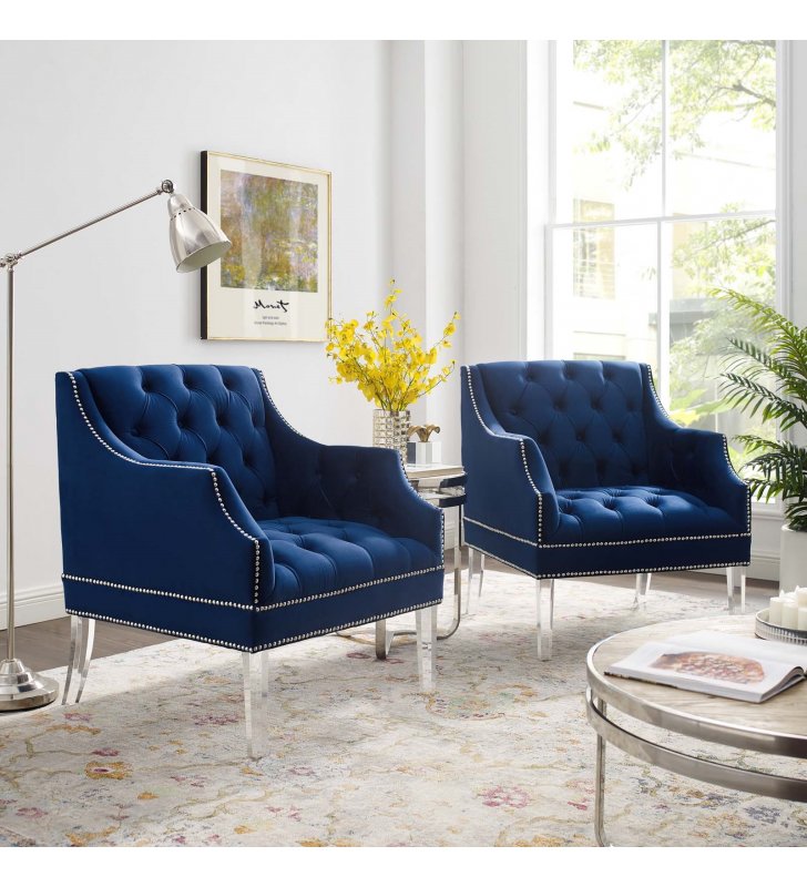 Proverbial Armchair Performance Velvet Set of 2 in Navy - Lexmod