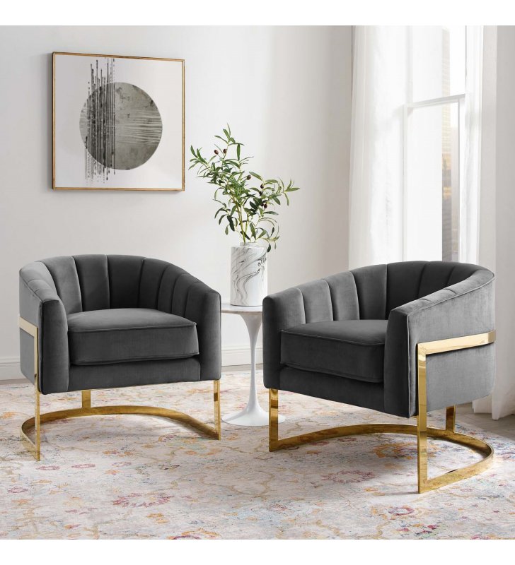 Esteem Accent Armchair Performance Velvet Set of 2 in Gray - Lexmod