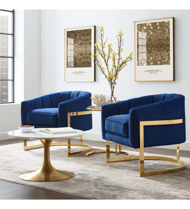 Esteem Accent Armchair Performance Velvet Set of 2 in Navy - Lexmod