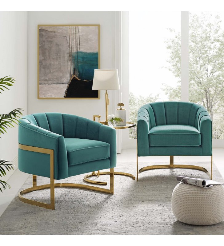Esteem Accent Armchair Performance Velvet Set of 2 in Teal - Lexmod