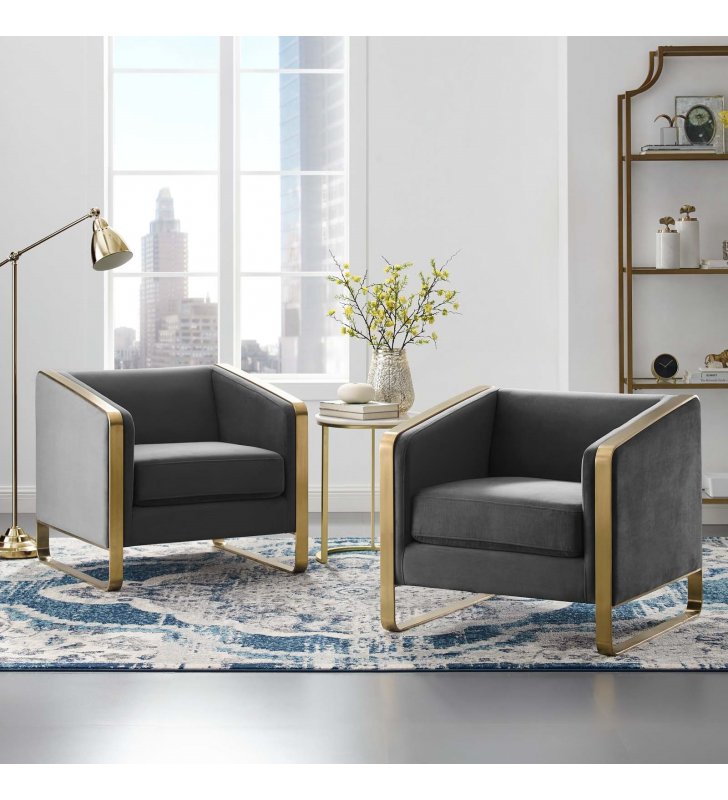 Visualize Armchair Performance Velvet Set of 2 in Gray - Lexmod