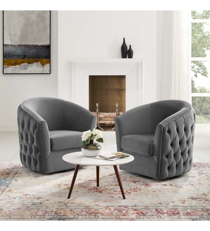 Rogue Armchair Performance Velvet Set of 2 in Gray - Lexmod