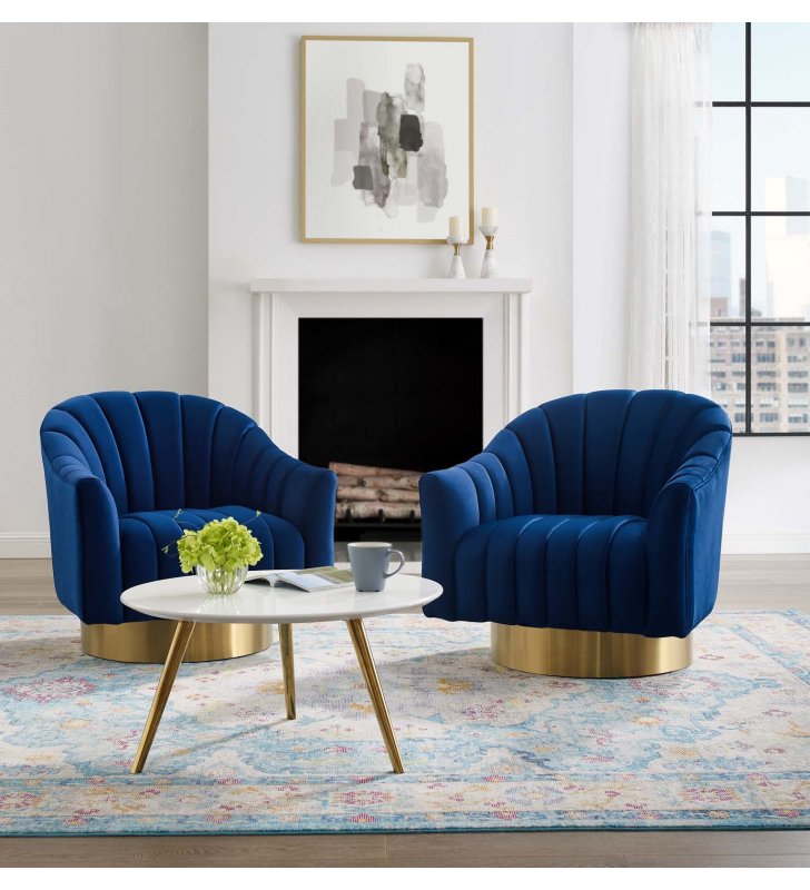 Buoyant Swivel Chair Performance Velvet Set of 2 in Navy - Lexmod