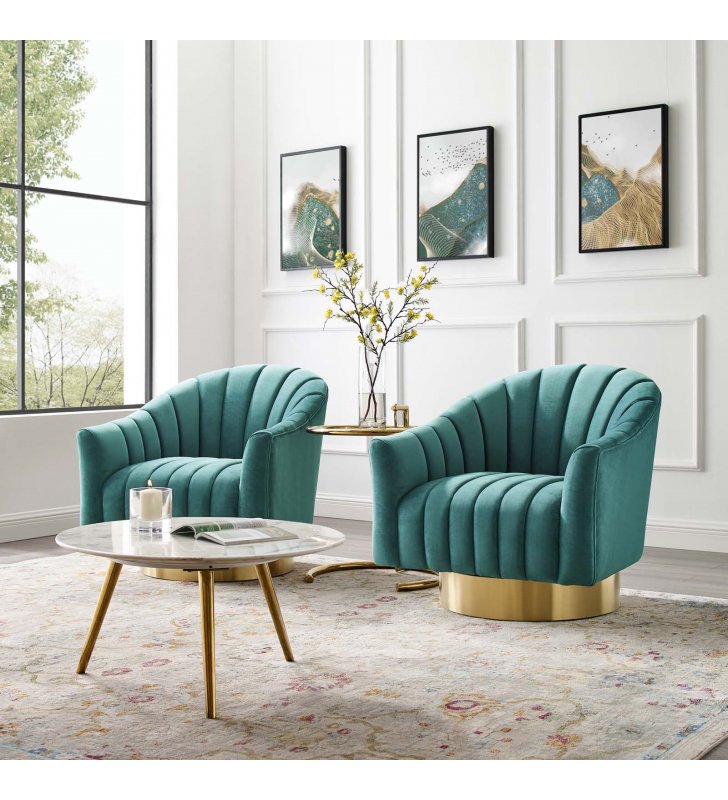 Buoyant Swivel Chair Performance Velvet Set of 2 in Teal - Lexmod
