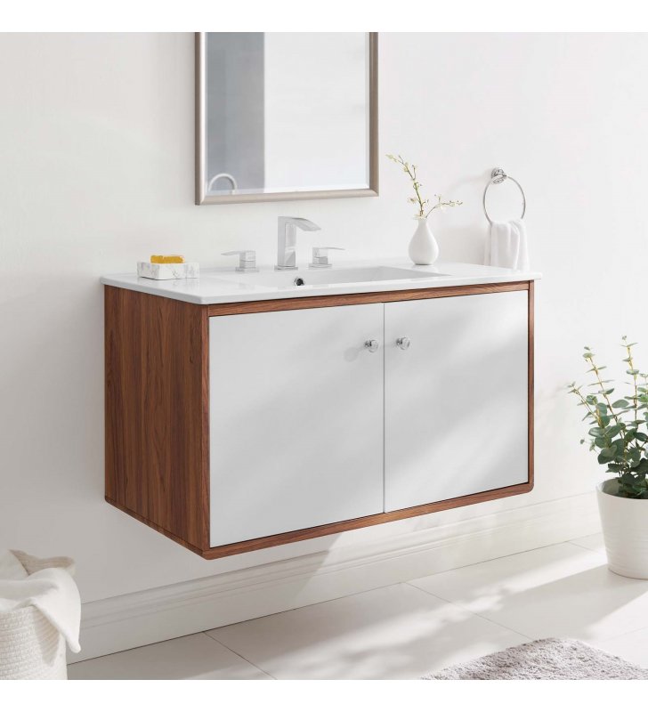 Transmit 36" Wall-Mount Bathroom Vanity in Walnut White - Lexmod