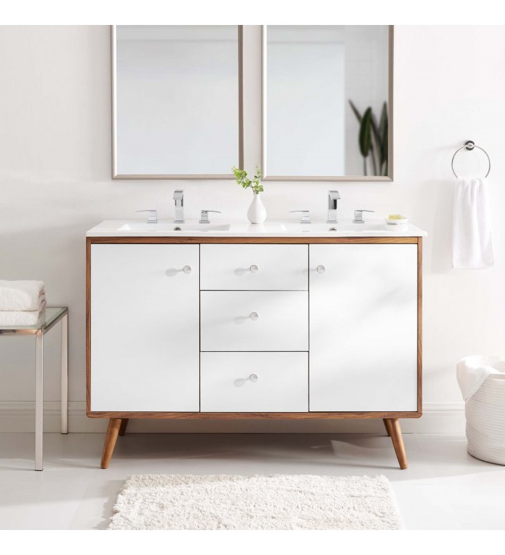 Transmit 48" Double Sink Bathroom Vanity in Walnut White - Lexmod