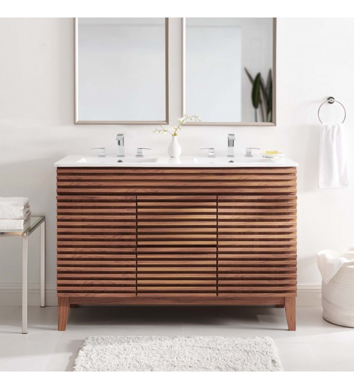 Render 48" Double Sink Bathroom Vanity in Walnut White - Lexmod