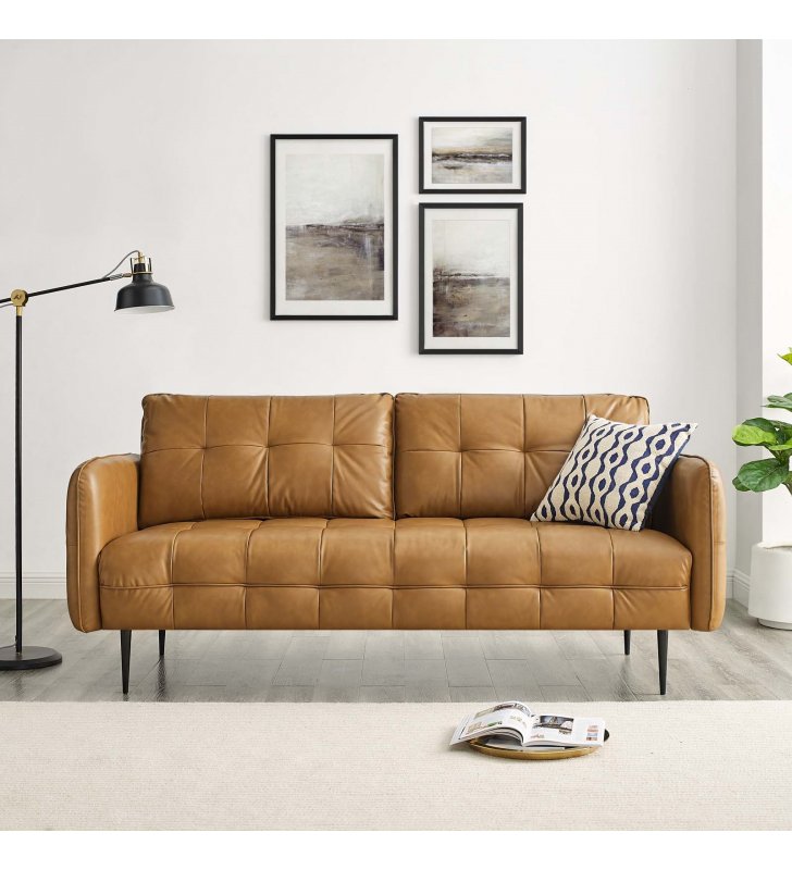 Cameron Tufted Vegan Leather Sofa in Tan - Lexmod