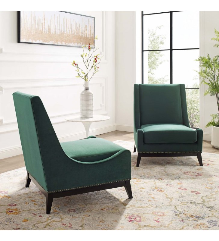 Confident Lounge Chair Upholstered Performance Velvet Set of 2 in Green - Lexmod