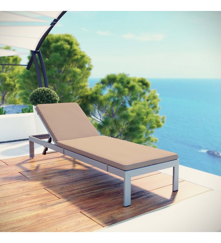Shore Outdoor Patio Aluminum Chaise with Cushions in Silver Mocha - Lexmod