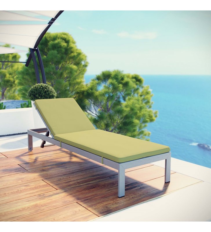 Shore Outdoor Patio Aluminum Chaise with Cushions in Silver Peridot - Lexmod