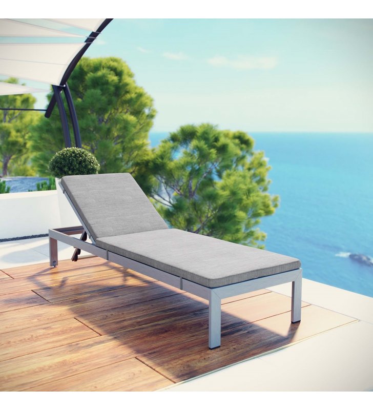 Shore Outdoor Patio Aluminum Chaise with Cushions in Silver Gray - Lexmod