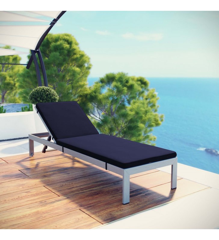 Shore Outdoor Patio Aluminum Chaise with Cushions in Silver Navy - Lexmod