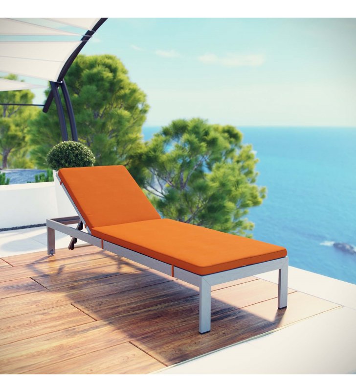 Shore Outdoor Patio Aluminum Chaise with Cushions in Silver Orange - Lexmod