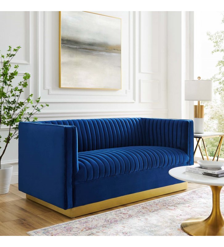 Sanguine Vertical Channel Tufted Performance Velvet Loveseat in Navy - Lexmod