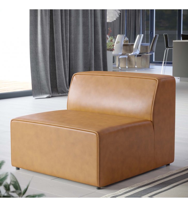 Mingle Vegan Leather Armless Chair in Tan - Lexmod