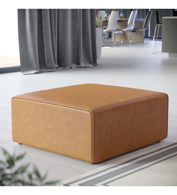 Mingle Vegan Leather Ottoman in Tan - Lexmod