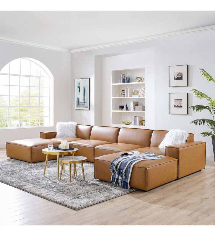 Restore 6-Piece Vegan Leather Sectional Sofa in Tan - Lexmod