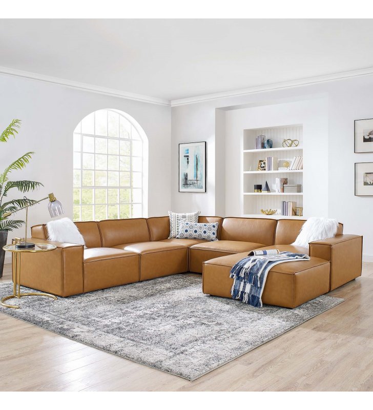 Restore 6-Piece Vegan Leather Sectional Sofa in Tan - Lexmod