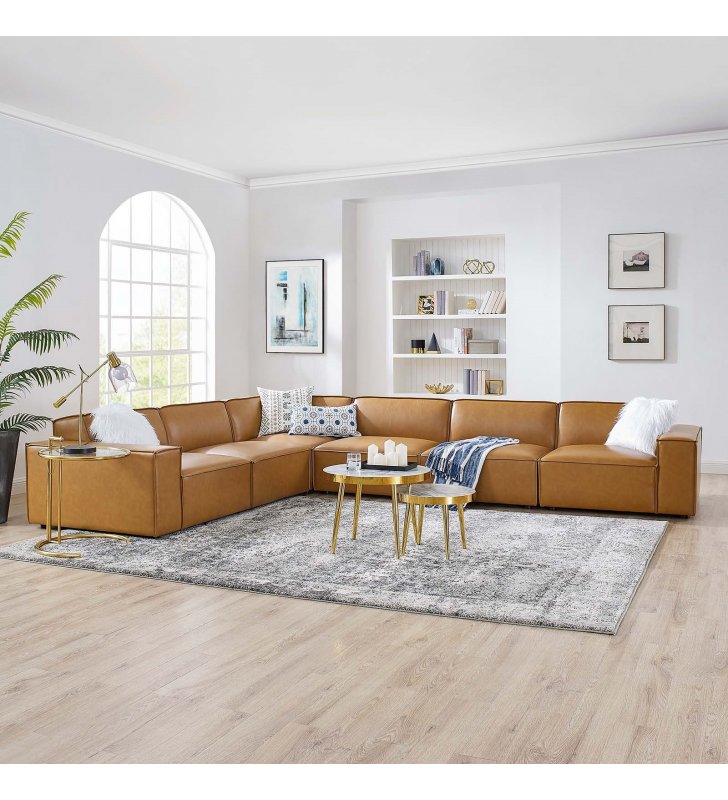 Restore 6-Piece Vegan Leather Sectional Sofa in Tan - Lexmod