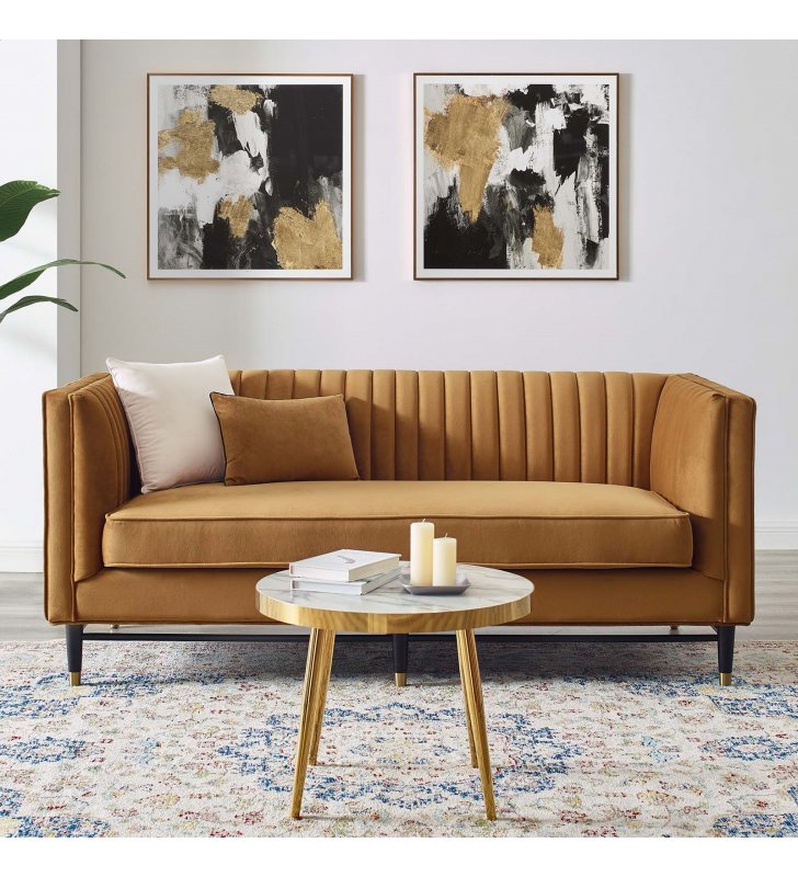 Devote Channel Tufted Performance Velvet Loveseat in Cognac - Lexmod