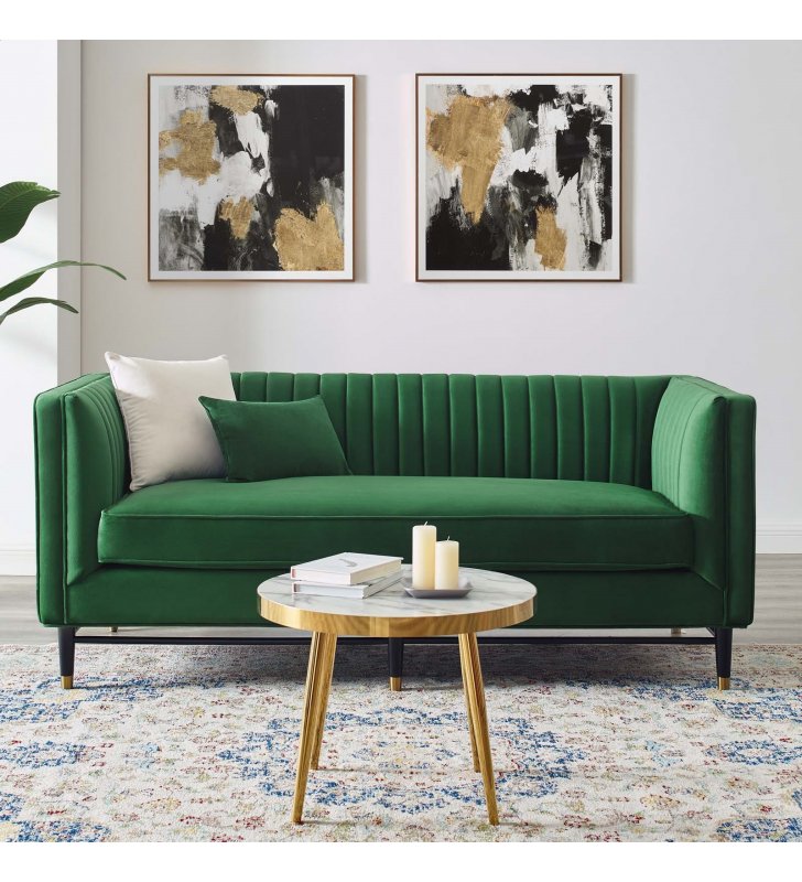 Devote Channel Tufted Performance Velvet Loveseat in Emerald - Lexmod